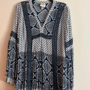 Knox Rose Boho Assymetrical Patterned Tunic Top/Mini dress with flowy sleeve, XS
